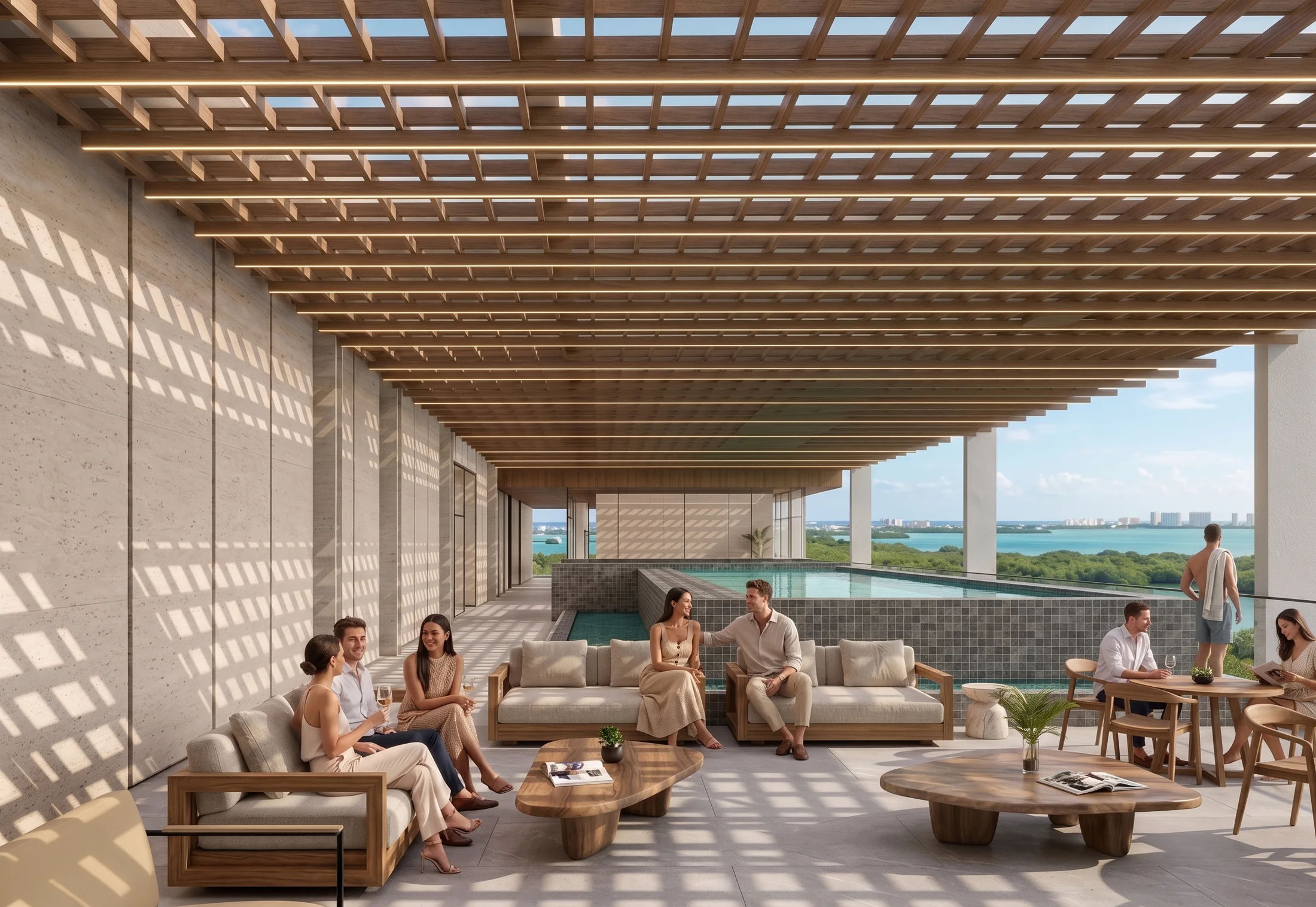 Alberca infinity en el rooftop de Baalá, con pérgola en tonos cálidos de madera, salas lounge y vista a la Laguna Nichupté.