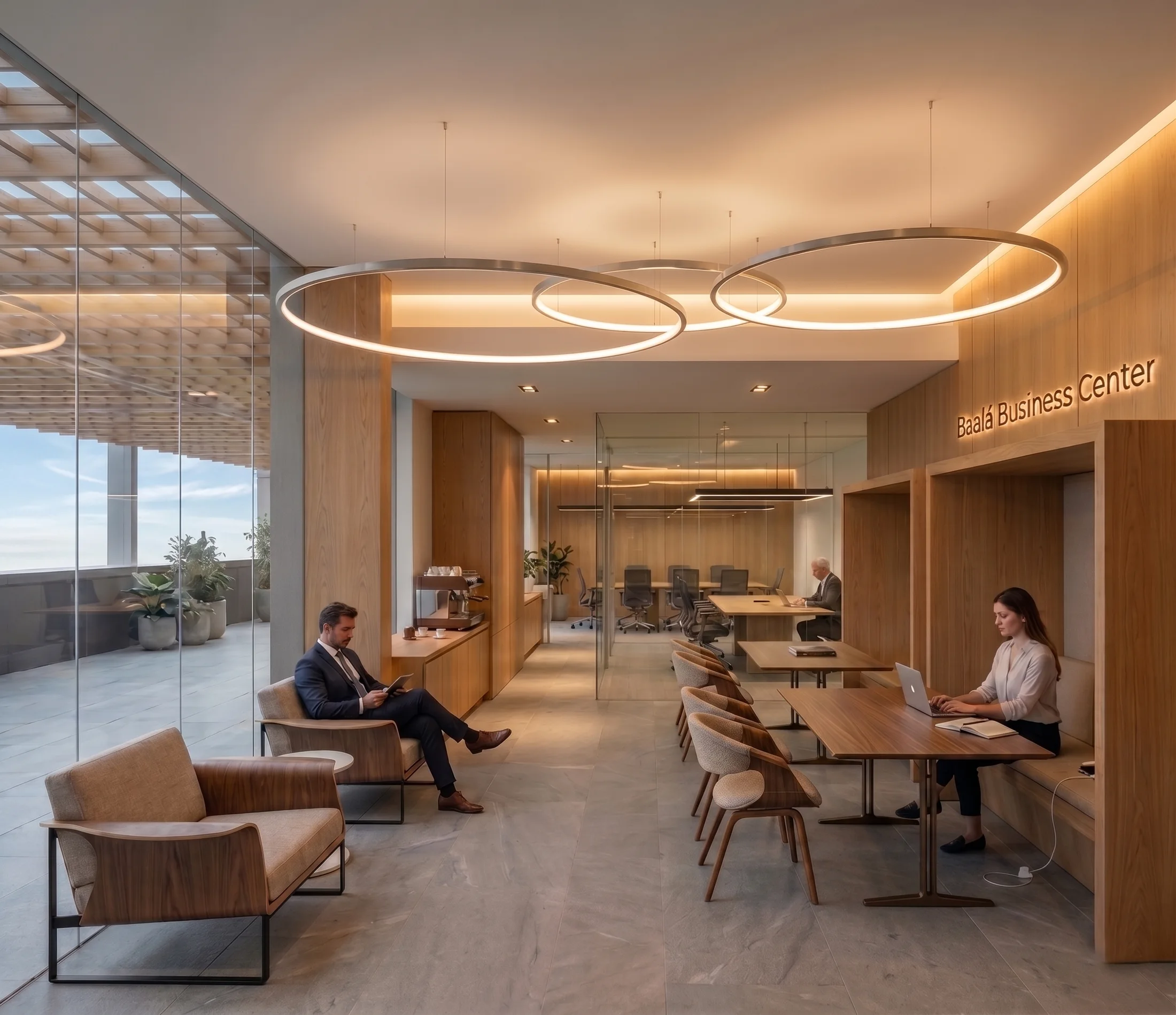 Business Center de Baalá: estaciones de trabajo, salas de juntas con cristal y café de cortesía.