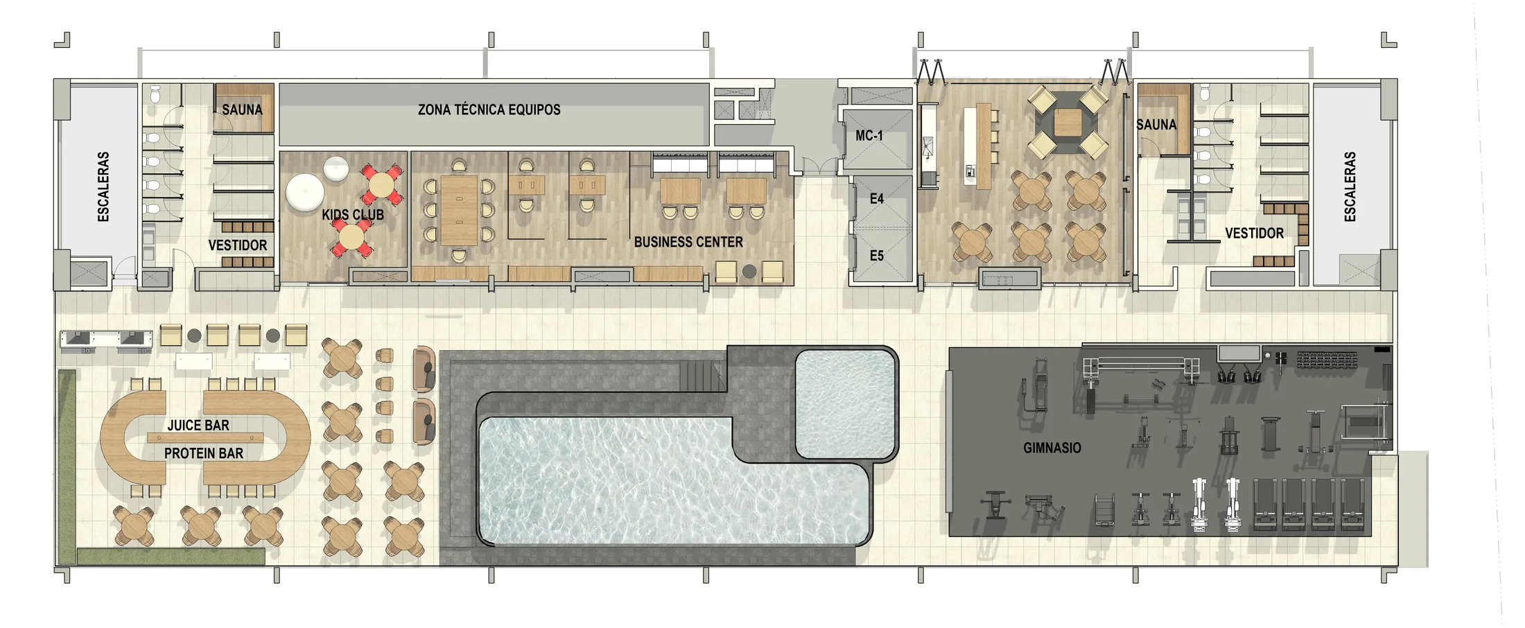 Planta del Nivel 16 (rooftop) de Baalá: alberca infinity, gimnasio, salón, Protein Bar, business center y Kids Club distribuidos en el piso de amenidades.