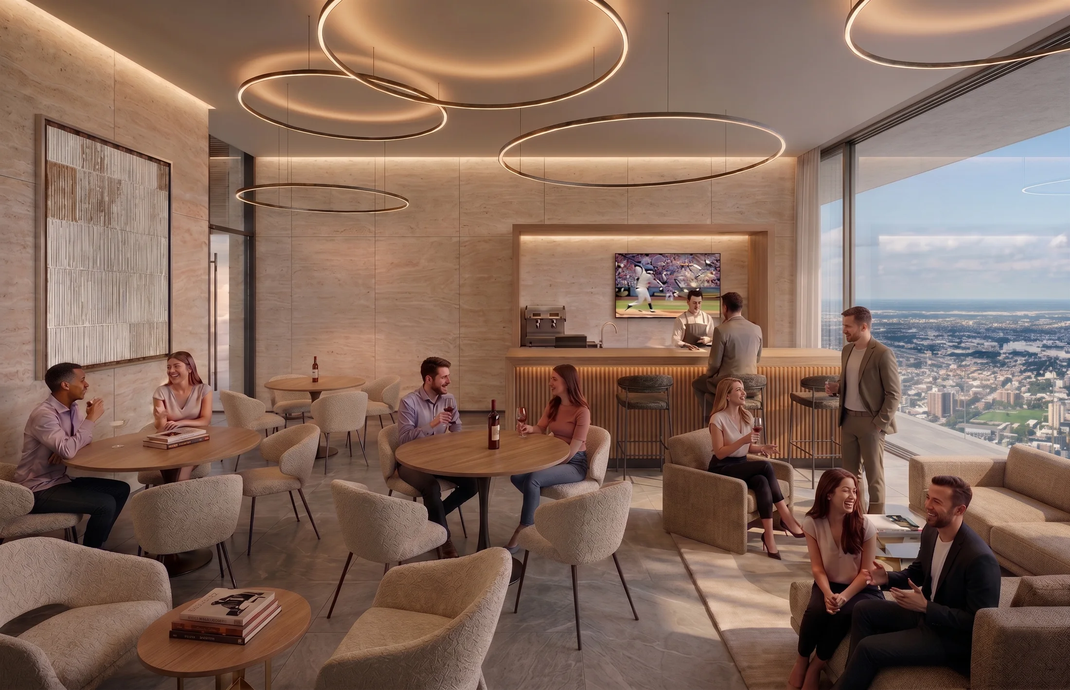 Salón de adultos de Baalá con bar, salas de estar y vista a la ciudad de Cancún.