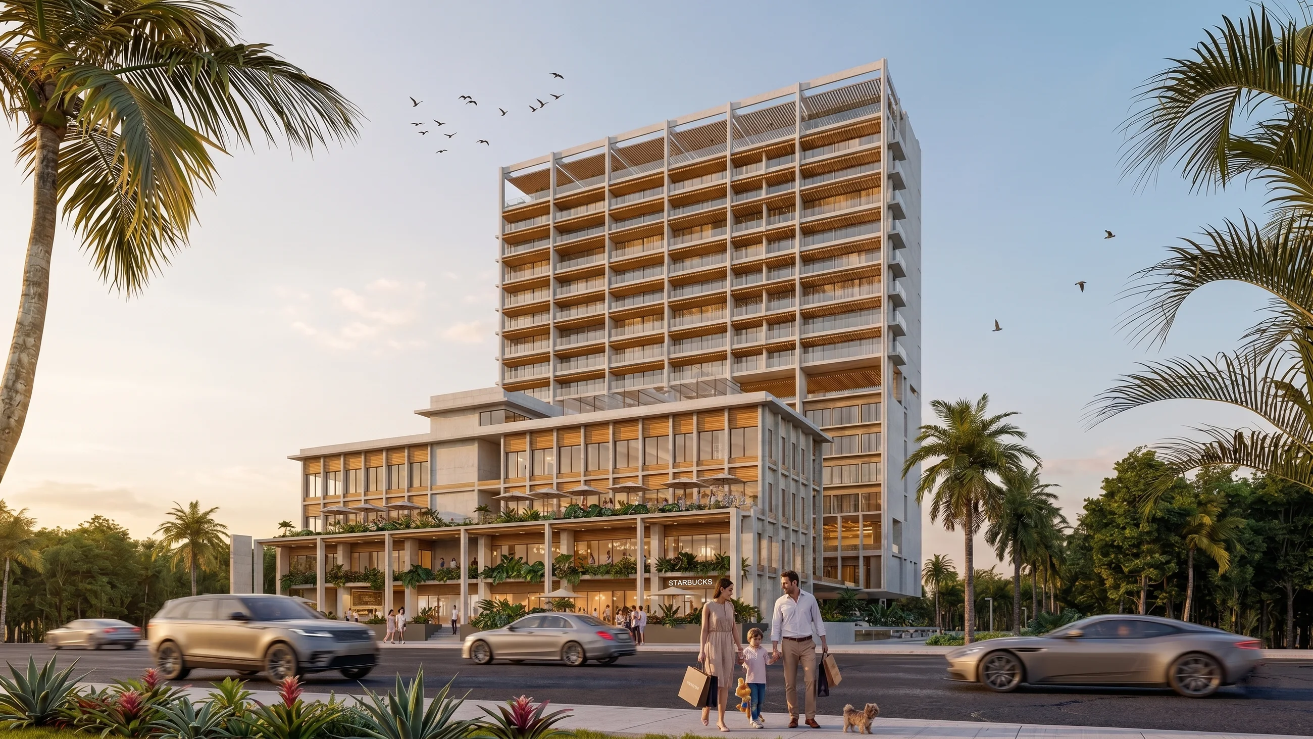 Render de Baalá al atardecer: torre de condos sobre la plaza comercial, enmarcada por palmeras en Av. Bonampak, Cancún.