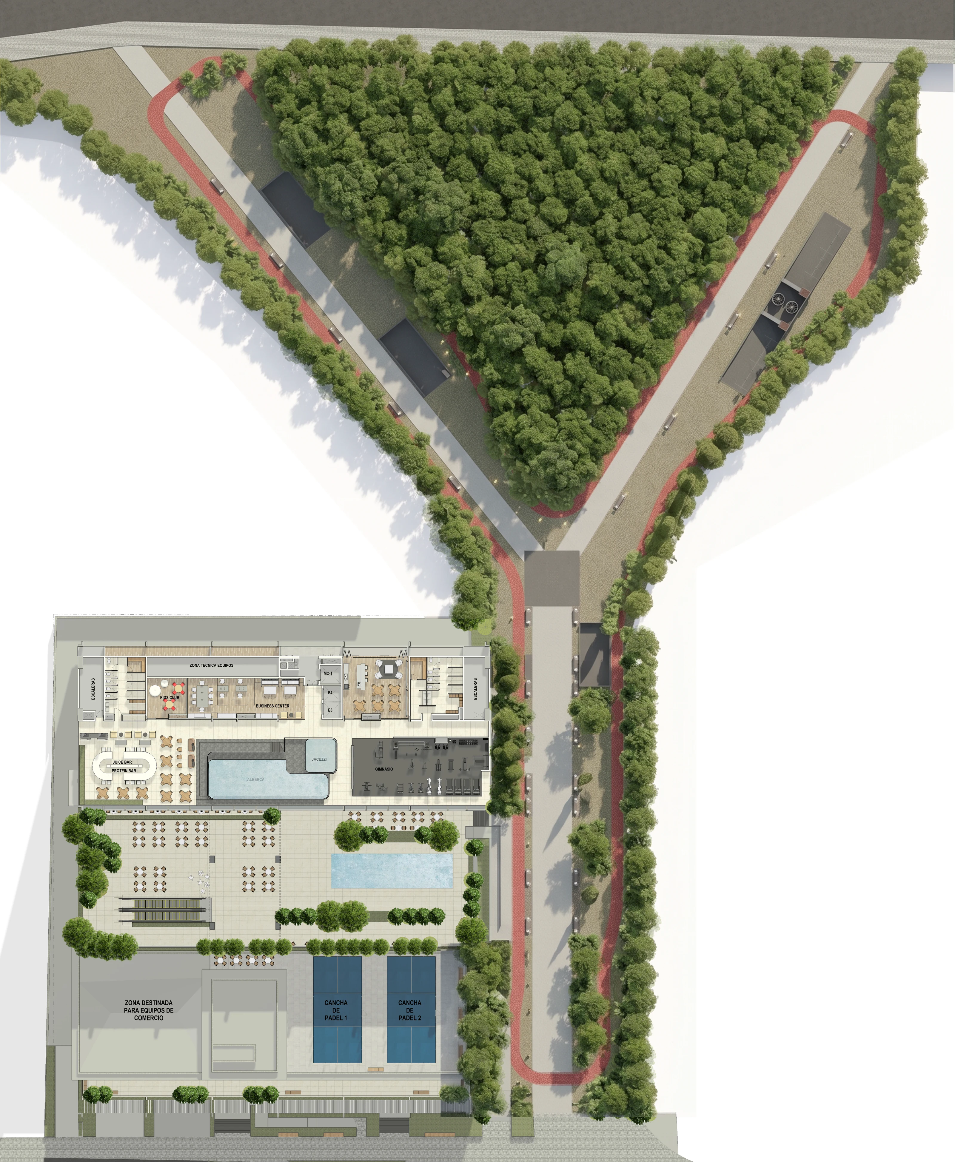 Master plan ambientado a nivel calle: el Andador Contoy en forma de Y conecta las avenidas, con áreas verdes, accesos y el zócalo comercial.