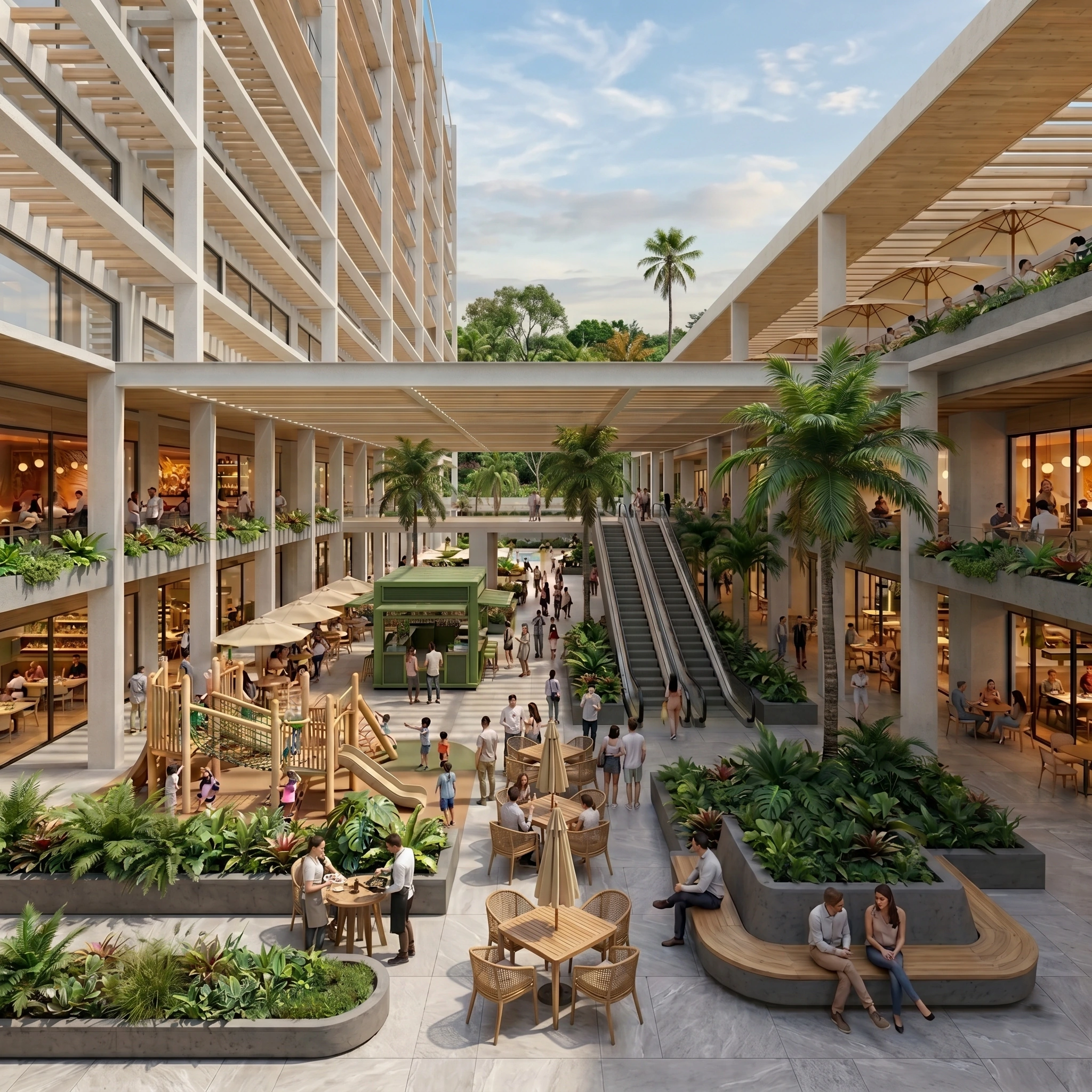 Centro comercial de Baalá: fachada de locales con terrazas, pérgolas de madera y gastronomía sobre la plaza.
