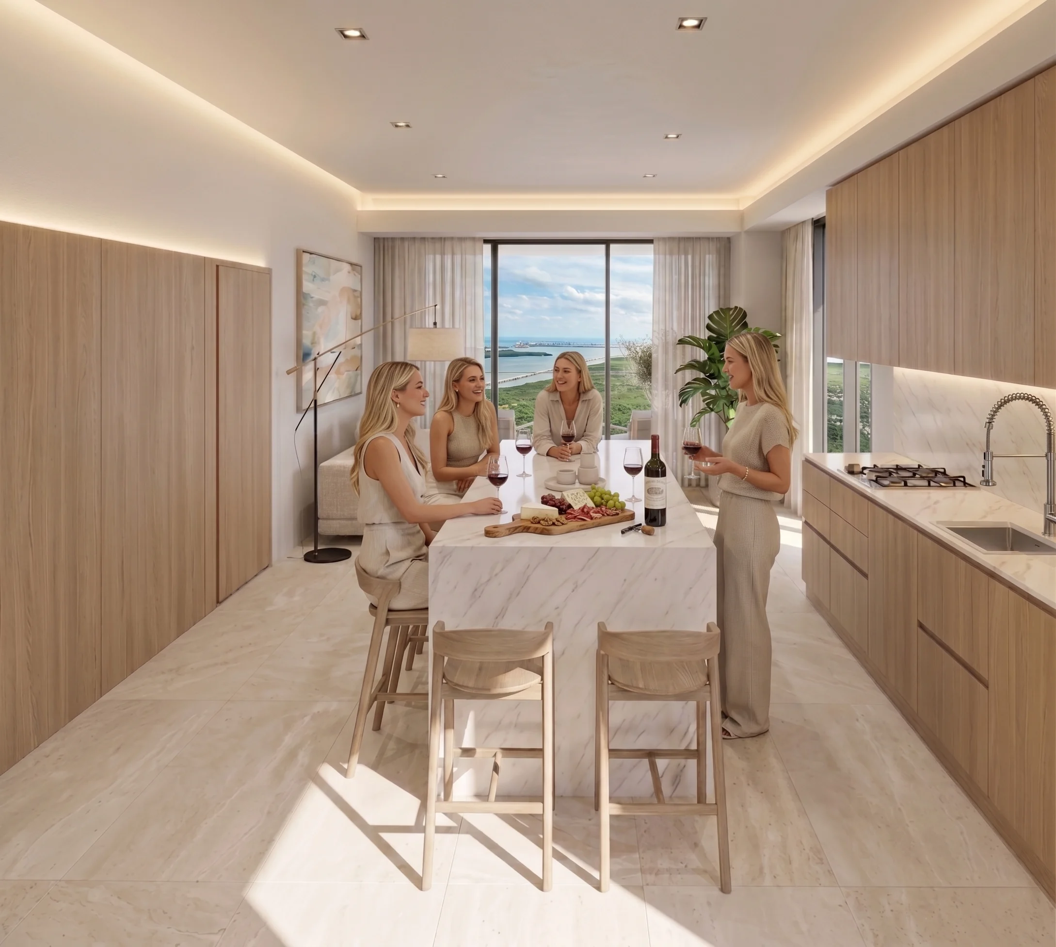 Sala y cocina abiertas con ventanal de piso a techo hacia la Laguna Nichupté.